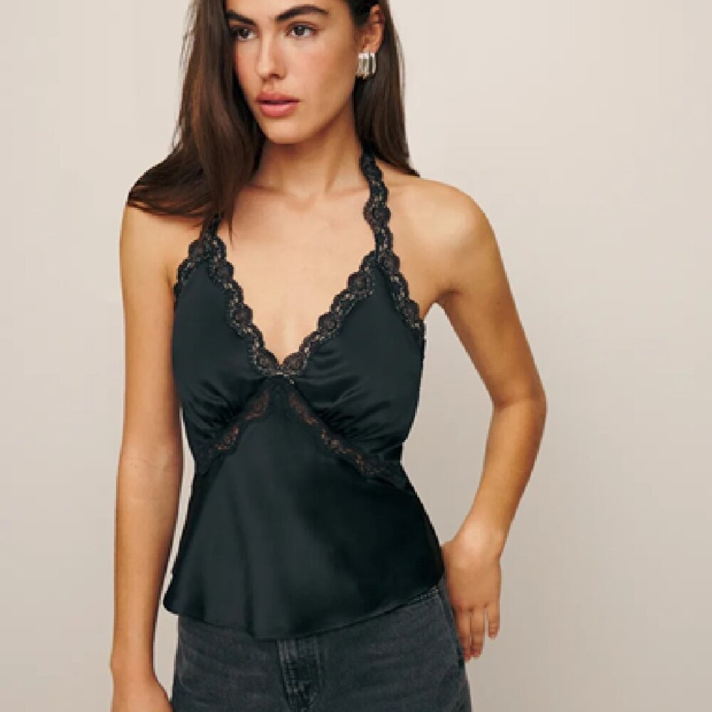 REFORMATION Monica Silk Top in Black, size XS